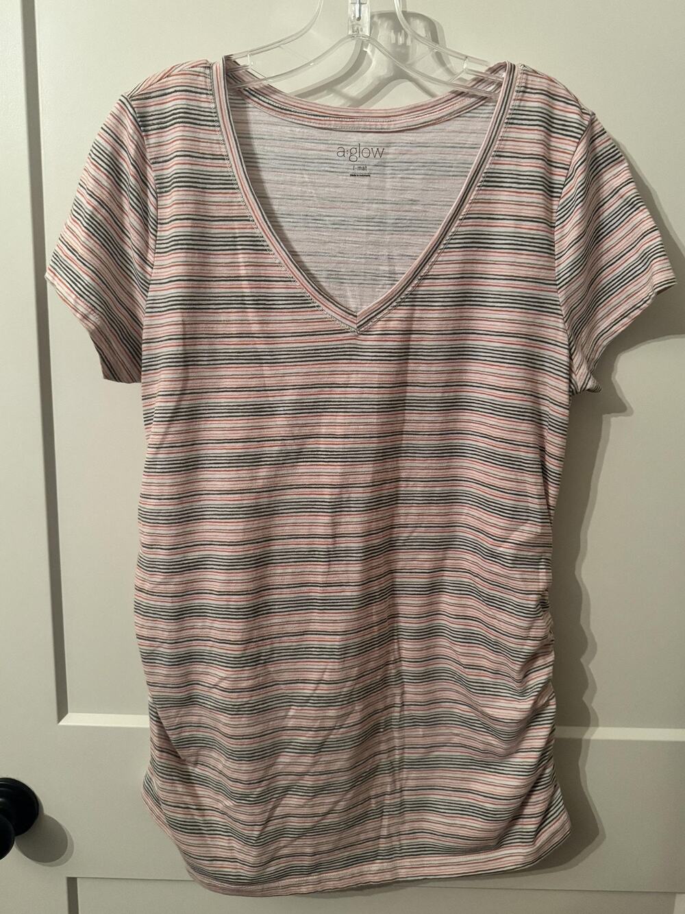 A:glow Maternity T Shirt Sz L Multicolor Stripe V Neck Short Sleeve Ruched Sides